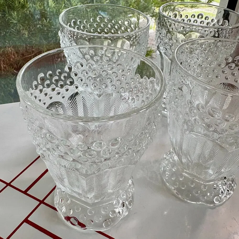 Vintage Gorham Emily’s Attic Clear Glass Tumblers Hobnail Herringbone set of 4
